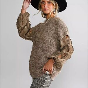 Gimmicks by BKE Brown Sweater with Lace Detail
